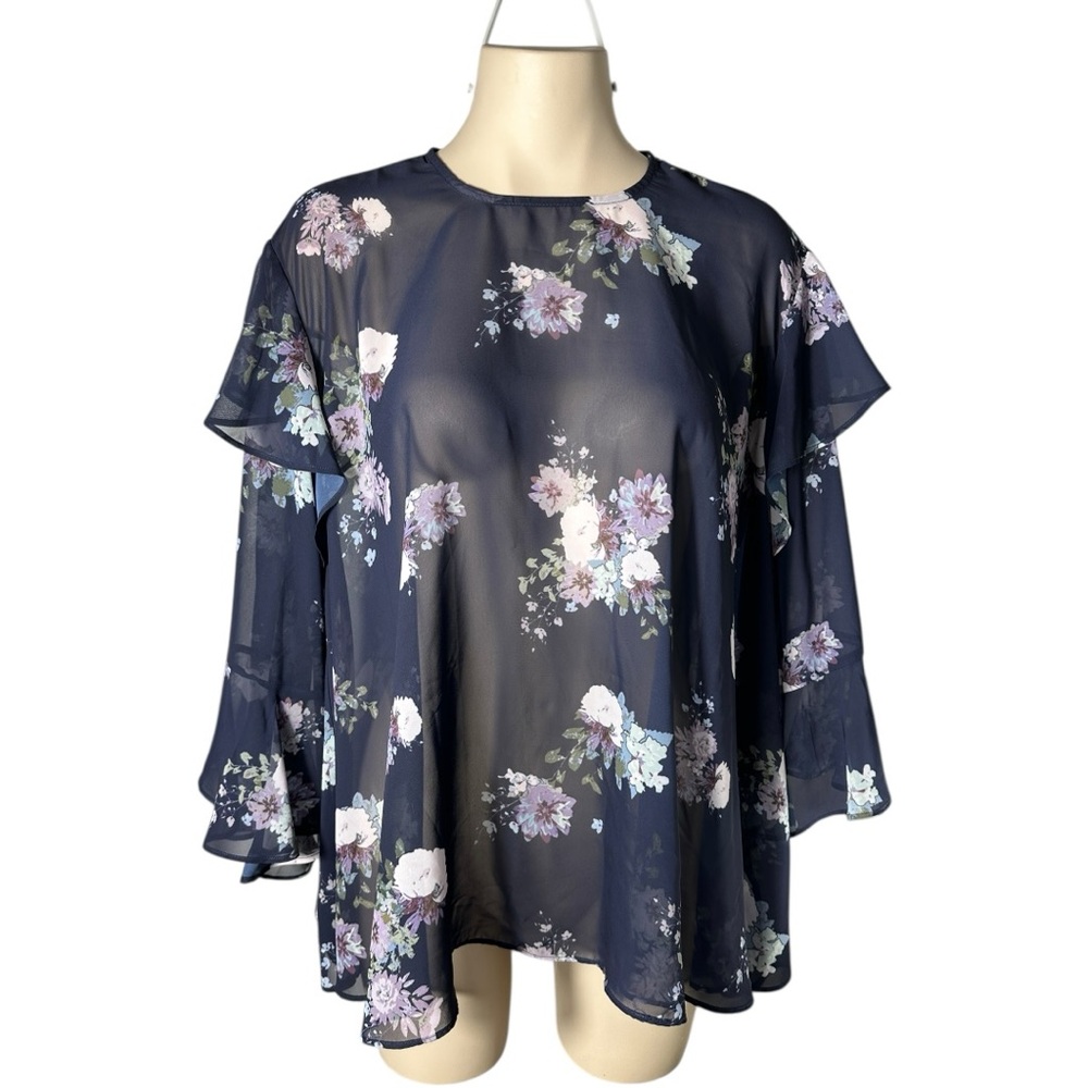 Simons Navy Floral Sheer Blouse